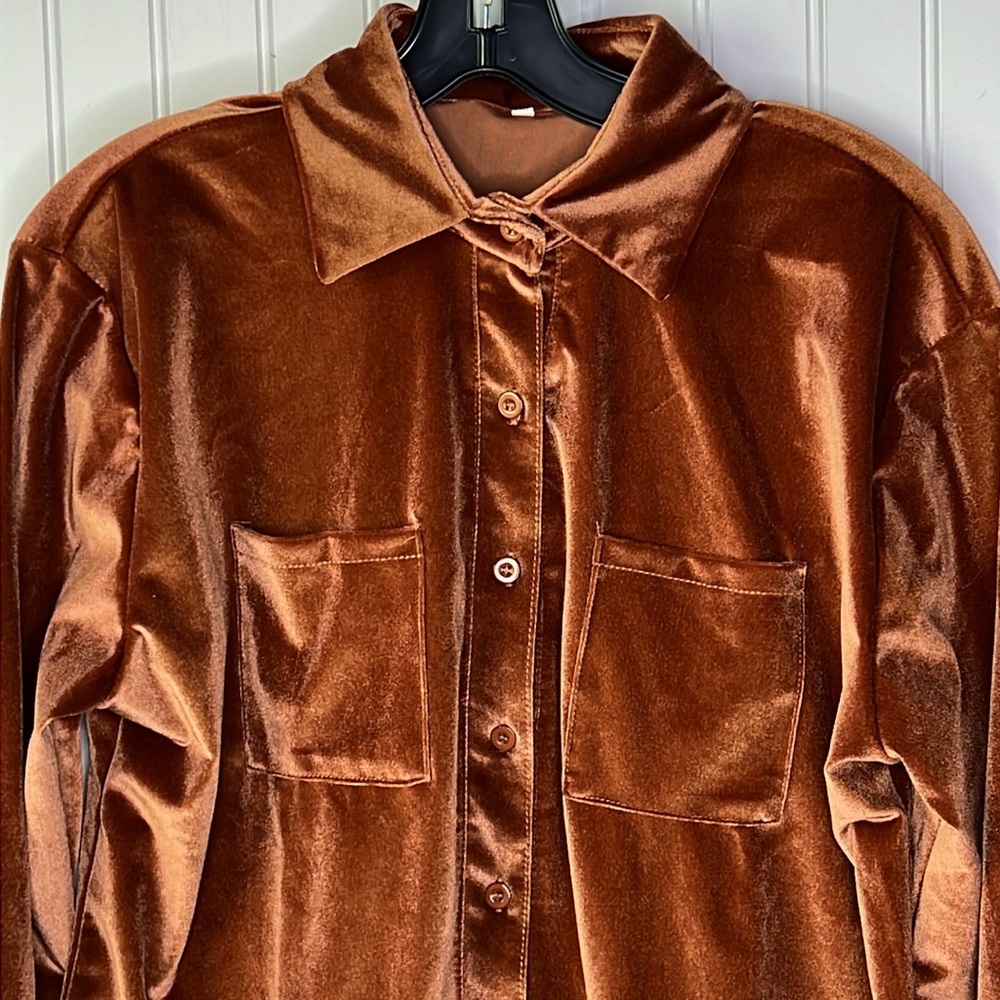Velvet Button Down Shirt in Rich Pumpkin Color XL